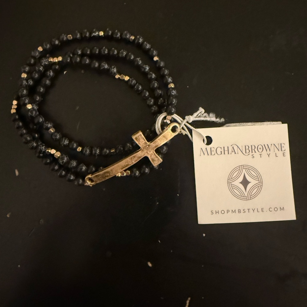 Meghan Browne Style Black Beaded Cross Wrap Bracelet